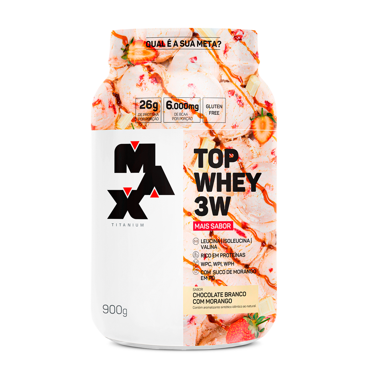 Top Whey 3W +Sabor 900g - Chocolate Branco com Morango