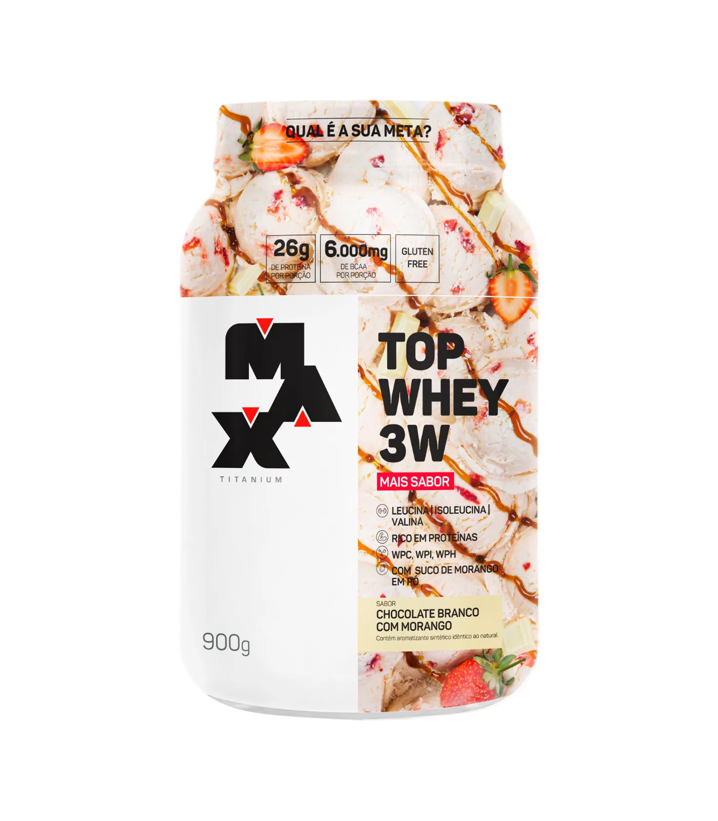 Top Whey 3W +Sabor 900g - Chocolate Branco com Morango