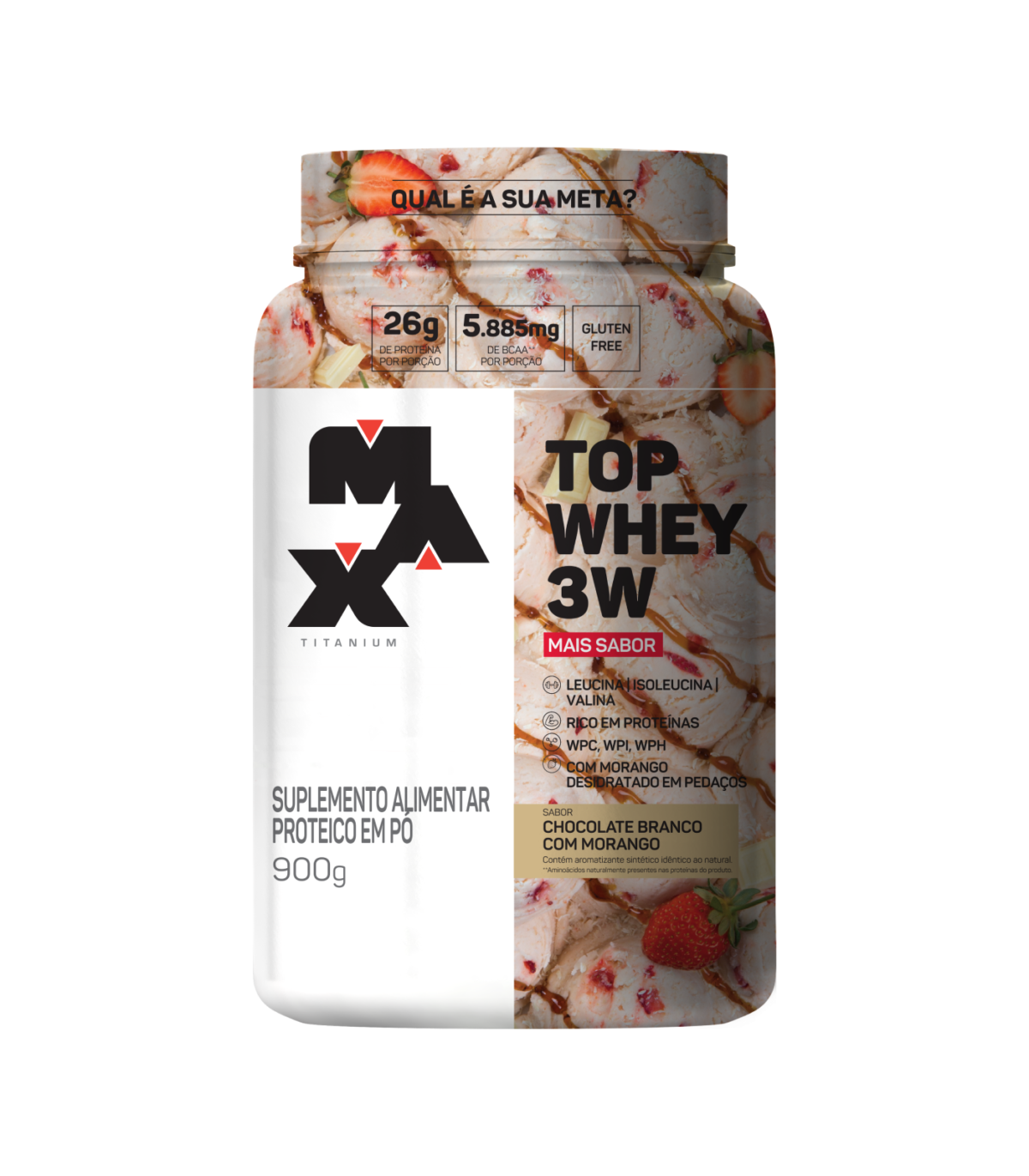 Top Whey 3W 900g Mais Sabor Chocolate Branco com Morango