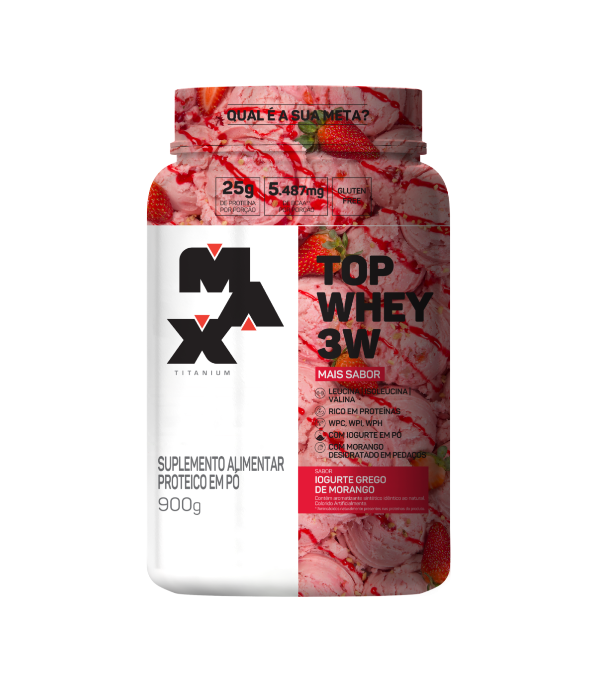 Top Whey 3W 900g Mais Sabor Iogurte de Morango